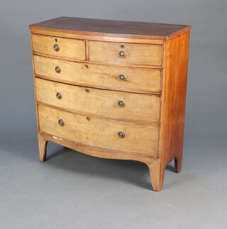 A 19th Century mahogany crossbanded and bow front chest of 2 short and 3 long drawers with replacement brass ring drop handles 103cm h x 101cm w x 49cm d 