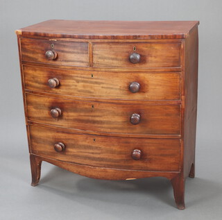 A 19th Century mahogany bow front chest of 2 short and 3 long drawers, raised on splayed bracket feet 104cm h x 103cm w x 52cm d 