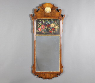 A Chippendale style rectangular plate mirror surmounted by a still life study of flowers, contained within a walnut frame 92cm h x 42cm w