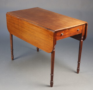 A 19th Century mahogany Pembroke table fitted a frieze drawer, raised on turned supports 99cm h x 91cm x 50cm 

