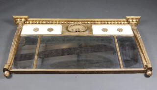 A 19th Century rectangular triple plate overmantel mirror contained in a ball studded frame, having fluted columns to the sides 79cm h x 142cm w x 12cm d 
