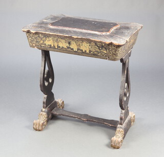 A 19th Century rectangular lacquered work box with hinged lid and well fitted interior, raised on shaped supports with paw feet 71cm h x 64cm w x 49cm d 