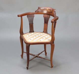 An Edwardian inlaid mahogany slat back corner chair with shaped seat, raised on cabriole supports, X framed turned and fluted stretcher 77cm h x 57cm w x 46cm d (30cm x 28cm) 