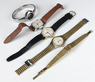 A gentleman's Gruen calendar quartz wristwatch on a bi-metallic strap, 4 other watches