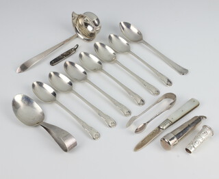 A silver ladle Sheffield 1931, 6 silver tea spoons, minor silver etc, weighable silver 124 grams 