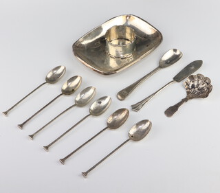 A George IV repousse silver caddy spoon Birmingham 1825, a dish, napkin ring and 8 items of cutlery 170 grams 