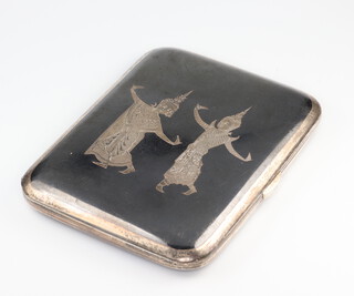 A Thai white metal sterling cigarette case decorated with dancing figures 126 grams 