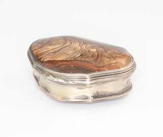 A 19th Century Continental white metal snuff box, the top and base of hardstone  5cm 
