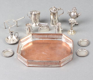A collection of English silver and Continental white metal miniature items comprising a coffee pot, samovar, candlestick, 3 dinner plates, a kettle, a milk churn, chamber stick, lidded jug, churn and trivet, together with an octagonal plated tray 