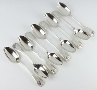 Seven Victorian fiddle and shell pattern tablespoons London 1841 by George Adams, 2 others, total 884 grams 