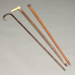 A silver mounted walking cane, a walking stick and a horn handled stick 