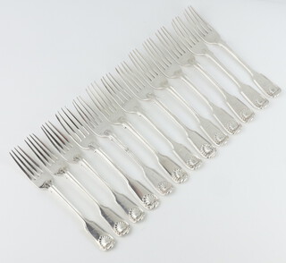 A set of 6 Victorian silver fiddle and shell pattern dessert forks London 1877 by George Adams, 7 others, mixed dates 804 grams