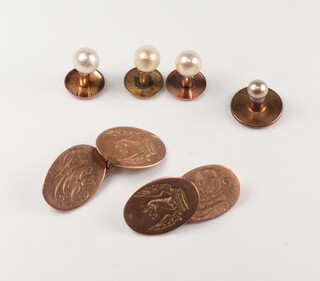 A pair of 9ct yellow gold engraved cufflinks 6.6 grams together with 3 9ct pearl set studs and a gilt ditto 