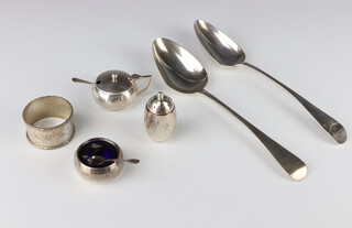 A George III silver table spoon London 1799, 1 other, 2 napkin rings, 3 condiments and 2 spoons, 224 grams