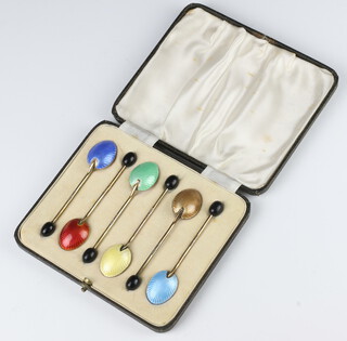 A set of 6 silver and guilloche enamel bean end coffee spoons Birmingham 1913, 52 grams, cased 