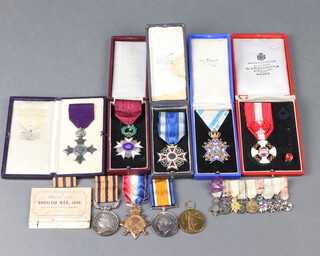 A group of medals to Lieut.C.C.Pyke comprising MBE in OBE case, British South Africa Company Medal to Trooper.C.C.Pyke "A" Troop Belingwe Column 1914-15 Star, British War medal, Victory medal, Order of the Crown of Belgium, Chevalier of the Order of The Crown of Romania, Order of St Sava of Serbia and Order of the Crown of Italy, all 4 cased, together with dress miniatures 