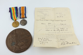 A Word War One pair of medals to 57916 Pte.Charles William Cooper. L'Pool R. together with death plaque to the same and War Office letter confirming Killed in Action 23rd April 1917 