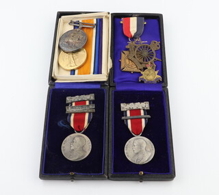 A World War One pair of medals to 029528 Pte.G.W.Tomalin.A.O.C. together with 2 school attendance medals, 1 other and 2 badges 