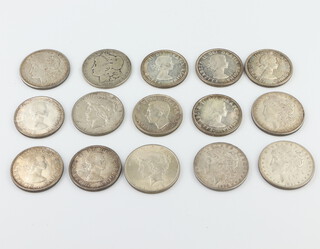 Seven American one dollar coins, 8 Canadian dollar coins 