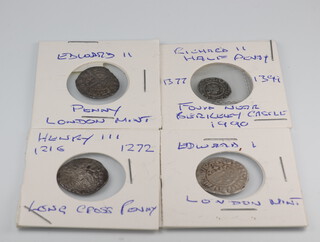 An Edward II penny London Mint, a Charles II half penny, a Henry III Longcross penny and an Edward I London Mint penny