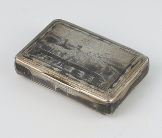 A Russian silver and niello snuff box decorated with palace scenes 7cm, 72 grams