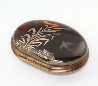An Edwardian tortoiseshell and plique a jour purse decorated with a bird and insect amongst flowers 7cm 
