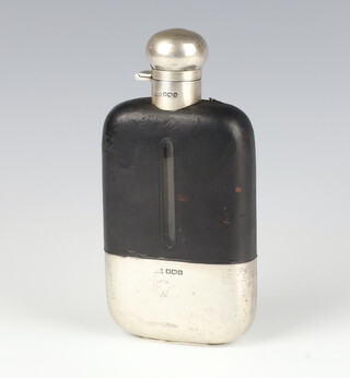 A glass, leather and silver mounted hip flask with silver cover and cup base, Sheffield 1925, 16cm 