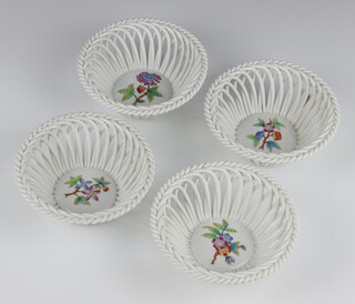 A set of 4 Herend basket weave dishes decorated with flowers 13cm 