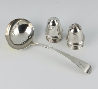 A George III silver ladle, London 1798 and a pair of condiments 84 grams 