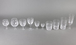 A suite of cut glass Brierley table glasses, comprising 2 brandies, 5 wines, 6 small wines, 8 sherry glasses, 6 tots, 2 whisky tumblers, 3 tall tumblers, 3 high balls, 2 champagnes and 2 small port glasses