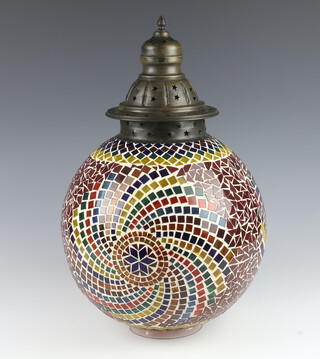A Moroccan style coloured glass globular light with metal mounts 40cm 