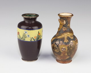 An early 20th Century cloisonne vase of oviform shape decorated with birds amongst flowers 8.5cm together with a Satsuma vase decorated with figures 9cm (a/f) 