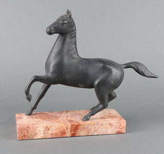 A Tang style bronze figure of a horse raised on a pink veined marble base 28cm x 24cm 