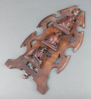 A Victorian pierced and carved walnut 3 section wall mounted letter rack decorated birds 39cm h x 19cm w 
