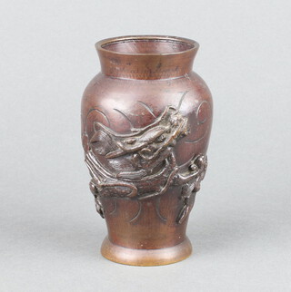 A 19th Century Japanese bronze vase, the body cast a dragon 15cm x 5cm 