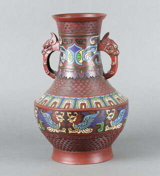 A 19th Century Japanese bronze and enamelled twin handled urn 30cm h x 19cm diam. 