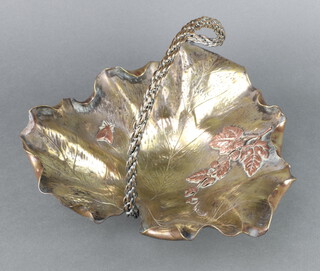 A Victorian embossed brass and copper leaf shaped dish decorated strawberry leaves and a moth 20cm x 30cm x 30cm 