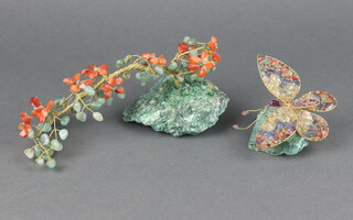 A hardstone model of a butterfly 9cm x 8cm x 6cm together with a study of a branch 4cm x 22cm w x 9cm 
