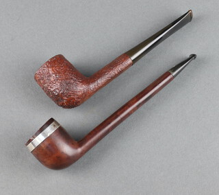 A Dunhill Tanshell (253) pipe together with a Dunhill Chestnut Liverpool pipe (having a damaged bowl and repair with silver band by Dunhill), both pipes with married stems