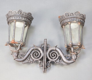 A pair of Victorian style pierced cast iron lamps and brackets 50cm x 42cm 