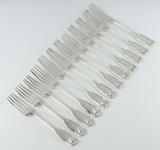 A matched set of 12 Victorian silver fiddle and shell pattern dinner forks, London 1841, 1851, by George Adams, 1190 grams 