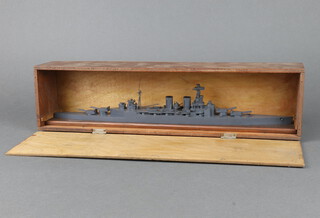 A Second World War 50!-1" wooden silhouette model of HMS Hood 8cm x 44cm x 6cm, in a wooden case 