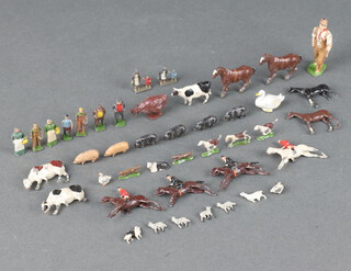 A collection of lead figures including 2 figures of huntsman 2cm x 4cm, 2 ladies riding side saddle 2cm x 3.5cm, 10 people and 29 farmyard animals 
