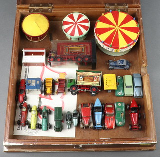 Two scratch built fairground stalls 5cm x 8cm, 2 ditto fairground organs, a Lesney Ford Transit Singapore van no.59, ditto Rolls Royce Silver Cloud, a Lesney D Type Jaguar no.41 and 1 other D Type Jaguar and 10 other Lesney models contained in a shallow plywood box with hinged lid 