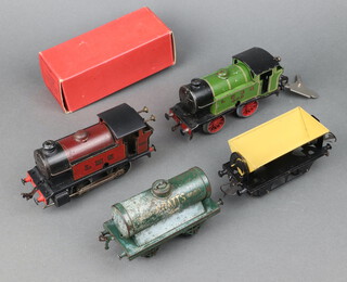 Two Hornby O gauge clockwork tank engines, a McAlpines No.1 side tipping wagon R174 boxed, a Shell Motor Spirit wagon, ditto Esso brake van and other items of rolling stock 