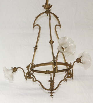 An early 20th Century Continental Art Nouveau gilt painted metal 3 light electrolier with glass shades 129cm h x 67cm 