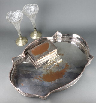A silver plated galleried serpentine 2 handled tray 61cm, a pair of cut glass plated mounted vases, a cigarette box and 3 items of cutlery 
