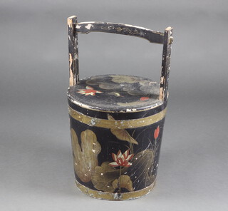 A cylindrical Chinese lacquered pail and cover with floral decoration 72cm h x 42cm 