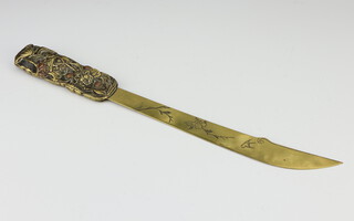 A Meiji period polished bronze paper knife with embossed handle 31cm 