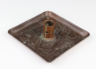 A Newlyn style embossed copper chamber stick decorated fish with square base 5cm x 14cm x 14cm 